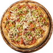Tradicional: 12. PORTUGUESA - Pizza Grande (Ingredientes: Molho de Tomate, Muçarela, Calabresa, Presunto, Tomate, Ovos, Cebola, Pimentão, Orégano)