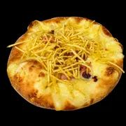 Esfihas salgadas: Esfiha Bacon c/ Batata Palha - Massa de esfiha com fubá, queijo mussarela, bacon em cubos e batata palha