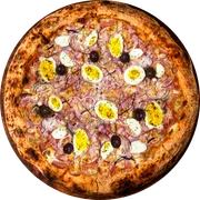 Tradicionais: Pizza Portuguesa - Pizza Gigante (Ingredientes: Azeitona Preta, Cebola Roxa, Molho de Tomate, Mussarela, Ovo Cozido, Presunto)
