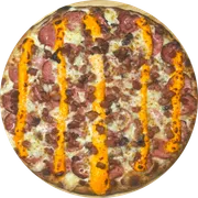 Tradicional: Cala-Bacon/Cheddar - Pizza Pequena (Ingredientes: Molho de Tomate,  Calabresa,  Bacon,  Cheddar,  Mussarela e orégano)