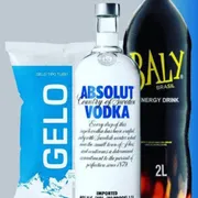 KITS Destilados: KIT Absolut Tradicional - 1 absolut + 1 baly 2 litros + 1 gelo 3 kilos + 1 gelo de sabor