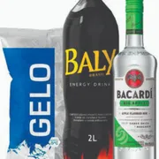 KITS Destilados: Kit Bacardi - 1 Bacardi + 1 baly 2 litros + 1 gelo 3 kilos + 1 gelo de sabor