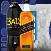 KITS Destilados: Kit Black Label - 1 black label + 1 baly 2 litros + 1 gelo 3 kilos + 1 gelo de sabor