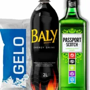 KITS Destilados: Kit Passaporte - 1 Passaport + 1 baly 2 litros + 1 gelo 3 kilos + 1 gelo de sabor