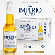 Long Neck: Império Ultra Long Neck 210ml (Caixa 18 Unidades) - A Cerveja Império Ultra na embalagem long neck de 210ml é uma opção de cerveja puro malte leve e refrescante, desenvolvida para consumidores que buscam uma bebida com baixo teor calórico e alcoólico, além de ser sem glúten.