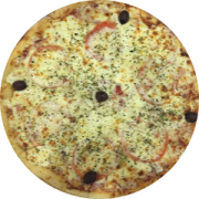 Tradicionais: Bauru - Pizza Grande 35cm (Ingredientes: Azeitona Preta, Molho de tomate caseiro, Mussarela, Orégano, Presunto, Tomate em rodelas)