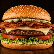 Clássicos Stark 2.0: X- Bacon 2.0 - Clássicos Stark 2.0 (Ingredientes: 1 carne tradicional, Alface, Bacon, batata palha, Molho verde, Pão com gergelim, Queijo prato fatia polenghi, Tomate)
