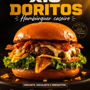 Lanche: xis doritos - Lanche (Ingredientes: Alface, Bacon 125g, Batata Palha, doritos, Ervilha, Hamburguer Artesanal, Milho, Pão Fresquinho, Presunto, Queijo, Tomate)
