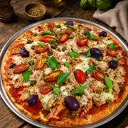 Equilíbrio Gourmet: 51- Atum Leveza - Pizza Grande (Ingredientes: Alcaparras, Atum Solido, Azeitona Pretas Azapa, Massa Integral, Mussarela de Búfala, Tomate Cereja)