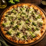 Equilíbrio Gourmet: 54- Verde & Carne - Pizza Grande (Ingredientes: Alho Desidratado, Brócolis, Filé Mignon, Massa Integral, Mussarela de Búfala, Parmesão)