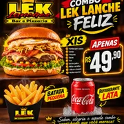 Lanche: LEK LANCHE FELIZ - Lanche (Ingredientes: Alface, bacon fatiado, Batata Frita, Batata Palha, Ervilha, Hamburguer Artesanal, Milho, Ovo, PAO CASEIRO, queijo fatiado, Tomate)