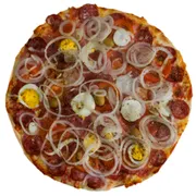 Tradicionais: Portuguesa - Pizza Grande (Ingredientes: Massa, Molho, Cebola, Mussarela, Ovos, Presunto, Tomate, Azeitona Verde)