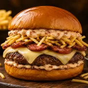 Picanha Pika: Pikanha com Calabresa - Picanha Pika (Ingredientes: Batata Palha, Hamburguer de picanha 120g, Linguiça Mineira acebolada, Maionese de Bacon, Pão De Brioche, Queijo Prato Polenghi 2 Fatias)