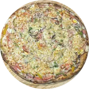 Tradicional: Portuguesa - Pizza Pequena (Ingredientes: Molho de Tomate,  Presunto,  Ovo,  Cebola,  Pimentão,  Ervilha,  Mussarela, Orégano,  Tomate)