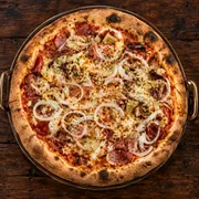 Favoritas: 25 - Mix - Pizza Grande (8 Fatias 35cm) (Ingredientes: Alho Frito, Bacon, Calabresa, Cebola, Molho de Tomate Italiano, Muçarela, Orégano, Ovos, Palmito, Presunto)