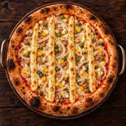 Favoritas: 27 - Portuguesa Especial - Pizza Grande (8 Fatias 35cm) (Ingredientes: Catupiry, Cebola, Ervilha, Milho, Molho de Tomate Italiano, Muçarela, Orégano, Ovos, Palmito, Presunto)
