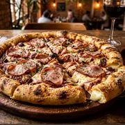 Pizza C/ Borda Recheada: Pizza De Lombo Canadense - Pizza C/ Borda Recheada (Ingredientes: Azeitona, Lombo Canadense, Molho De Tomate, Mussarela, Oregano)