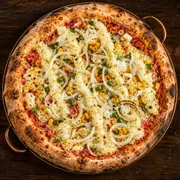 Favoritas: 27 - Portuguesa Especial - Pizza Grande (8 Fatias 35cm) (Ingredientes: Catupiry, Cebola, Ervilha, Milho, Molho de Tomate Italiano, Muçarela, Orégano, Ovos, Palmito, Presunto)