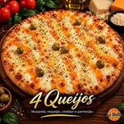 Especiais: 4 Queijos - Pizza Grande (Ingredientes: Azeitonas Sem Caroço, Cheddar, Molho de Tomate Artesanal, Mussarela Derretida, Parmesão, Requeijão Cremoso da Marca Scala ou Tirolez)