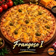 Promocionais: Frangoso I - Pizza Grande (Ingredientes: Molho de Tomate Artesanal, Peito de Frango Desfiado, Cheddar Derretido, Azeitonas Sem Caroço)