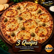 Especiais: 3 Queijos - Pizza Grande (Ingredientes: Azeitonas Sem Caroço, Molho de Tomate Artesanal, Mussarela, Provolone, Requeijão Cremoso da Marca Scala ou Tirolez)