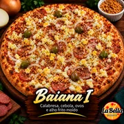 Tradicionais: Baiana 1 - Pizza Grande (Ingredientes: Alho Frito, Azeitonas Sem Caroço, Calabresa Fatiada, Cebola, Molho de Tomate Artesanal, Ovo)