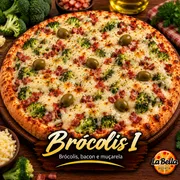 Especiais: Brócolis 1 - Pizza Grande (Ingredientes: Azeitonas Sem Caroço, Bacon Crocante, Brócolis Refogado, Molho de Tomate Artesanal, Mussarela Derretida)