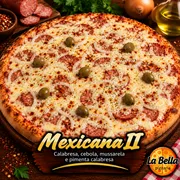 Especiais: Mexicana II - Pizza Grande (Ingredientes: Azeitonas Sem Caroço, Calabresa Fatiada, Cebola, Molho de Tomate Artesanal, Mussarela Derretida, Pimenta Calabresa)