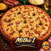 Especiais: Milho I - Pizza Grande (Ingredientes: Azeitonas Sem Caroço, Bacon Crocante, Milho, Molho de Tomate Artesanal, Mussarela Derretida)