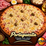 Especiais: Portuguesita - Pizza Grande (Ingredientes: Azeitonas Sem Caroço, Cebola, Molho de Tomate Artesanal, Mussarela Derretida, Ovos, Palmito, Presunto)