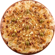 Frango: 01- A Moda da Casa - Pizza Grande (Ingredientes: Molho de Tomate, Peito de Peru, Ovo, Champignon, Bacon, Mussarela, Orégano, Azeitona)