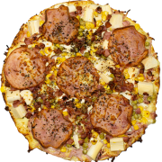 Tradicionais: 09-Lombo A Moda - Pizza INDIVIDUAL 20 Cm /2 Fatias (Ingredientes: Azeitona, Cebola, Ervilha, Lombo Fatiado, Milho Verde, Mussarela, Palmito)