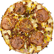 Tradicionais: 09-Lombo A Moda - Pizza GRANDE 35 Cm / 8 Fatias (Ingredientes: Azeitona, Cebola, Ervilha, Lombo Fatiado, Milho Verde, Mussarela, Palmito)