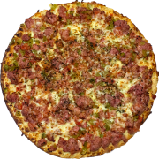 Tradicionais: 62-Texana - Pizza INDIVIDUAL 20 Cm /2 Fatias (Ingredientes: Calabresa, Cebola, Cheddar, Molho de Tomate, Mussarela, Orégano, Ovo, Pimenta Calabresa)