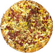 Tradicionais: 67-Carbonara - Pizza INDIVIDUAL 20 Cm /2 Fatias (Ingredientes: Bacon, Creme de Leite, Mussarela, Orégano, Ovo, Presunto)