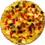 Doces: 81-Califórnia - Pizza INDIVIDUAL 20 Cm /2 Fatias (Ingredientes: Abacaxi, Cereja, Figo, Mussarela, Pêssego)
