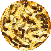 PIZZAS ESPECIAIS: 73-Picanha - Pizza INDIVIDUAL 20 Cm /2 Fatias (Ingredientes: Catupiry, Champignon, Molho de Tomate, Mussarela, Orégano, Picanha)