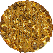 PIZZAS ESPECIAIS: 70-Mignon C/ Barbecue - Pizza INDIVIDUAL 20 Cm /2 Fatias (Ingredientes: Filé Mignon, Molho Barbecue, Molho de Tomate, Mussarela, Orégano)