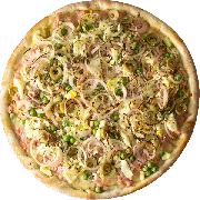 Tradicionais: Portuguesa - Pizza Individual (Ingredientes: Azeitona Verde, Cebola, Ervilha, Molho Pomodoro, Mussarela, Orégano, Ovo, Presunto)
