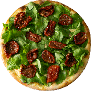 Tradicionais: Rúcula C/ Tomate Seco - Pizza Individual (Ingredientes: Molho Pomodoro, Mussarela, Orégano, Parmesão, Rúcula, Tomate Seco)
