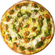 Tradicionais: Italiana - Pizza Média (Ingredientes: Molho, Molho Pesto, Mussarela, Mussarela de Búfala, Orégano, Tomate Cereja)