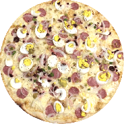 Tradicionais: Portuguesa - Pizza Grande (Ingredientes: Azeitona, Calabresa, Cebola, Molho, Mussarela, Ovos, Pimentão)