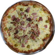 Variadas: 42-Siciliana - Pizza Grande (Ingredientes: Azeitona, Bacon, Champignon, Molho de Tomate, Mussarela, Orégano)