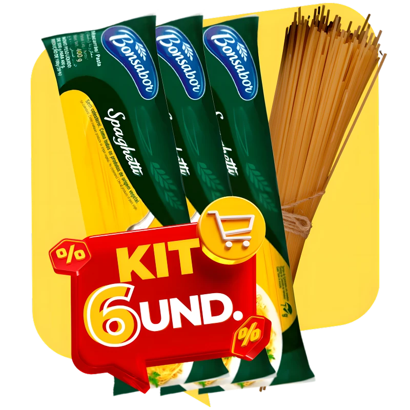 Mercearia: Macarrão Espaguete Bonsabor 400g - Kit c/ 6 Unid. (Economize 10%) - val.: 15/09/2027 - L 25826M01 1 - Surpreenda-se com a textura perfeita do Macarrão Espaguete Bonsabor. Combina perfeitamente com uma variedade de molhos, permitindo que você crie pratos autênticos e transforme suas refeições em momentos especiais. . Aproveite o Kit com 6 unidades e ganhe 10% de desconto.