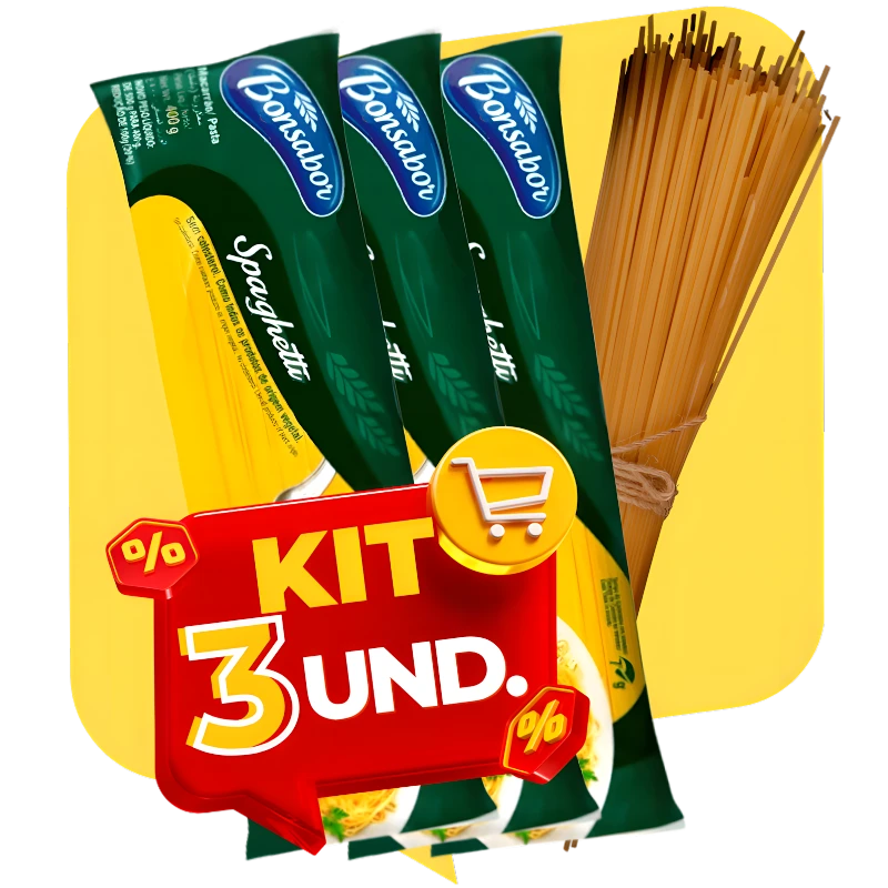 Mercearia: Macarrão Espaguete Bonsabor 400g - Kit com 3 Unid. (Economize 5%) - val.: 15/09/2027 - L 25826M01 1 - Surpreenda-se com a textura perfeita do Macarrão Espaguete Bonsabor. Combina perfeitamente com uma variedade de molhos, permitindo que você crie pratos autênticos e transforme suas refeições em momentos especiais. . Aproveite o Kit com 3 unidades e ganhe 5% de desconto.