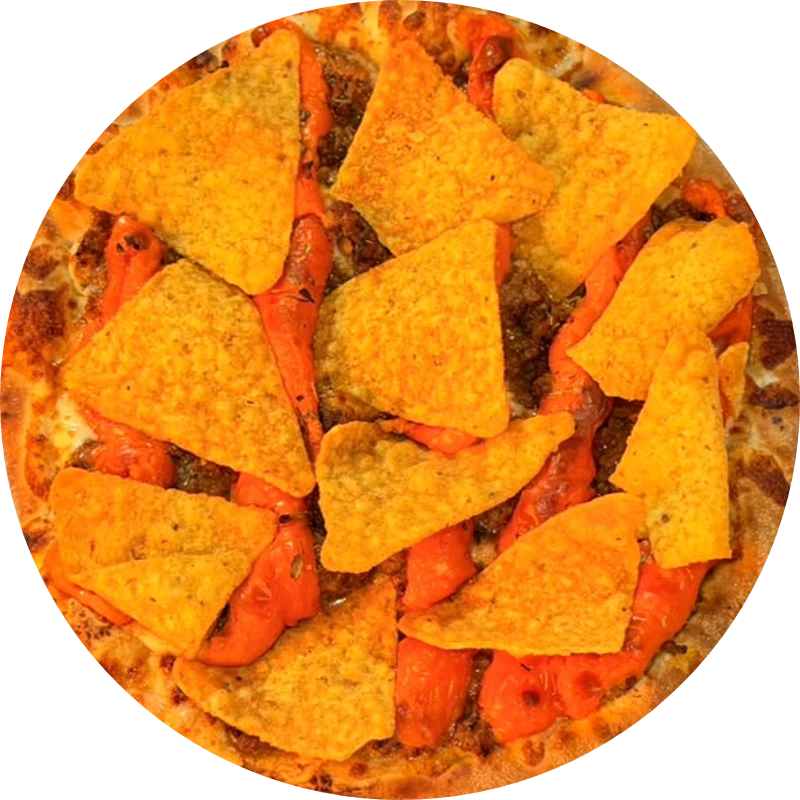 Especiais da Guede`s: Tacos Mexicanos - Pizza Grande (Ingredientes: Molho de tomate Artesanal, Muçarela, Carne Moída, Cheddar, Doritos Original, Orégano, Molho picante)