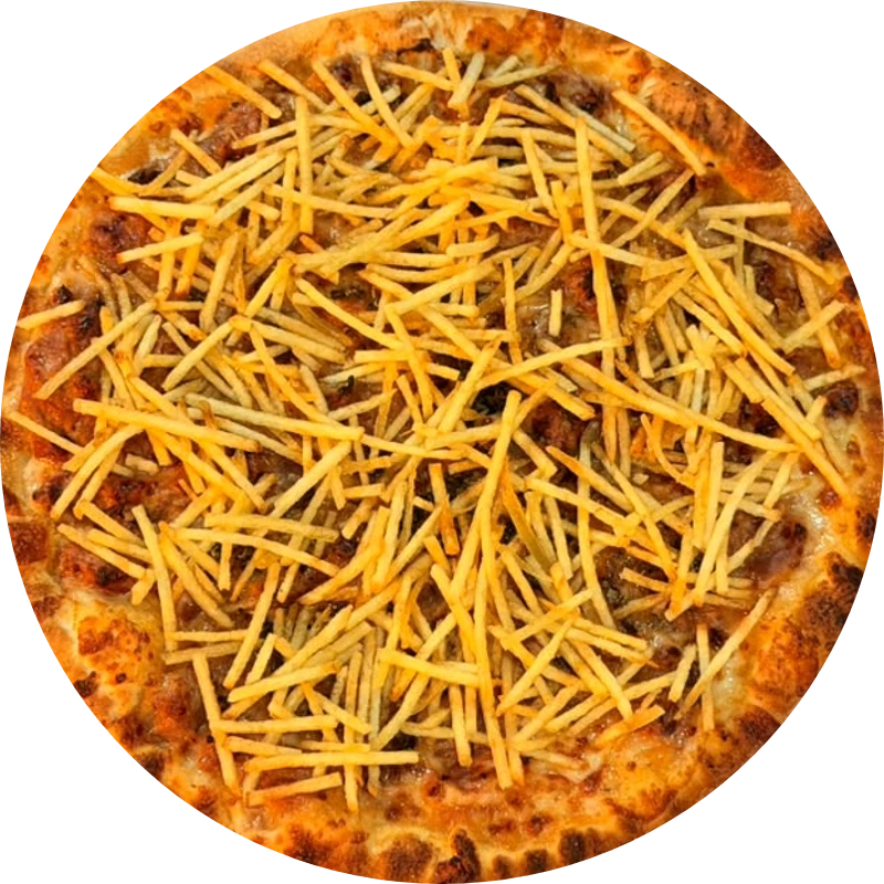 Tradicionais da Guede`s: Estrogonofe de Carne - Pizza Grande (Ingredientes: Molho de tomate Artesanal, Muçarela, estrogonofe de carne da casa saboroso, Batata Palha, Orégano)