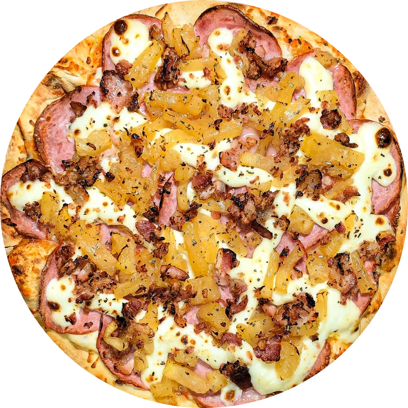 Especiais da Guede`s: Havaiana - Pizza Grande (Ingredientes: Molho de tomate Artesanal, Lombo canadense defumado em rodelas, Muçarela, Bacon, Abacaxi artesanal, Catupiry, Orégano)