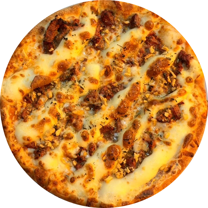 Tradicionais da Guede`s: Catufilé com alho - Pizza Grande (Ingredientes: Molho de tomate Artesanal, iscas de filé suculento, Muçarela, Catupiry, Alho frito crocante, Orégano)