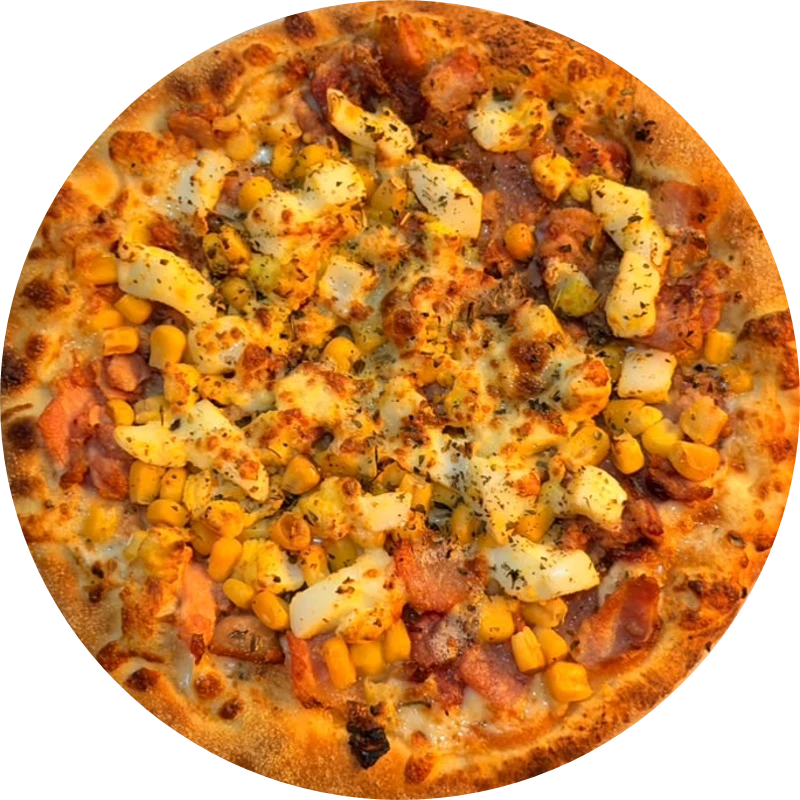 Tradicionais da Guede`s: Americana - Pizza Grande (Ingredientes: Molho de tomate Artesanal, Muçarela, Bacon, Milho, ovos em pedaços, Orégano)